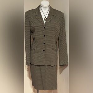 JULIANA COLLEZIONE  Vintage Navy Blue & Beige Houndstooth Blazer Skirt Set Sz 10
